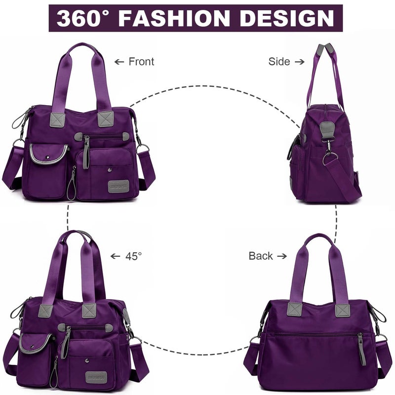 YouNuo Women Nylon Tote with Multiple Pockets & Zipper, Work Nursing Bag, Large Shoulder Handbag, Waterproof Galaxy Cross body Purse for Travel (Pure Purple) - Image 2